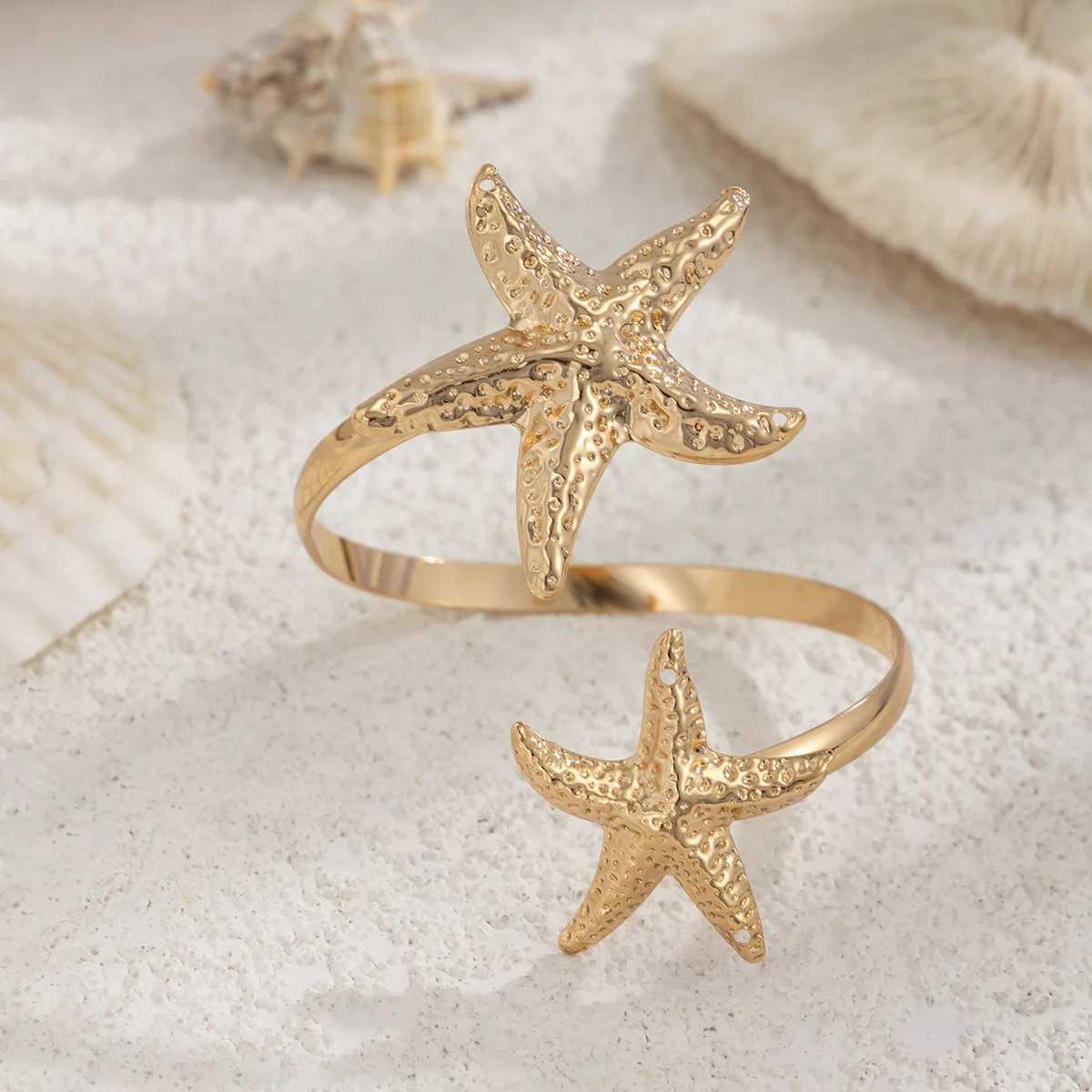 Boho Metal Starfish Open Cuff Bangles for Women Gold Color Punk Flower Geometric Arm Bracelet Summer Beach Party Jewelry Gifts W250526