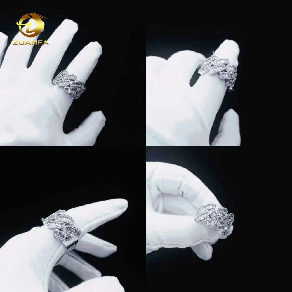 Baguette Cut VVS Moissanite Jewelry Hip Hop 18K Gold Plated Cuban Ring 925 Sterling Silver Iced Out Ring