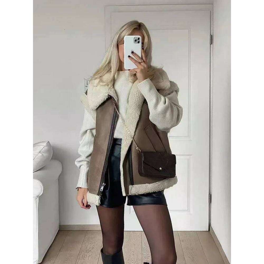 Suninheart Women 2022 Autumn Faux Fur Vest Warm Vintage Female Vests Coat Nude Zipper Sleeveless Jacket New In Outerwears