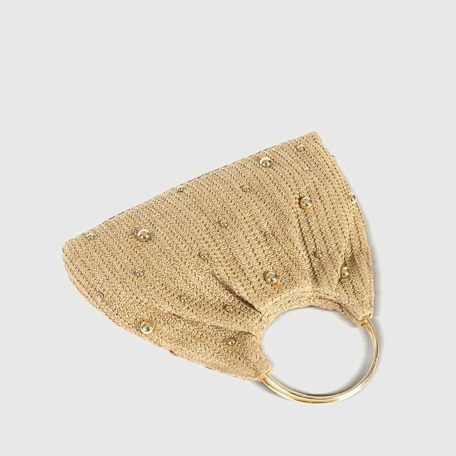 Summer Hand-woven Straw Bag Women Hollowed-Out Metal Round Handle Clutch Purse Bead Decoration Cloud Handbag Travel Beach Totes W250527
