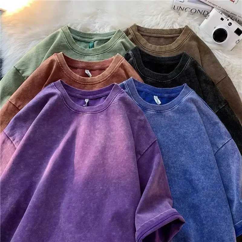 American Style Retro Heavyweight Solid Color Short Sleeve T-shirt Men Women Summer Street Trendy Washed Old Oversized Clothes Z250527