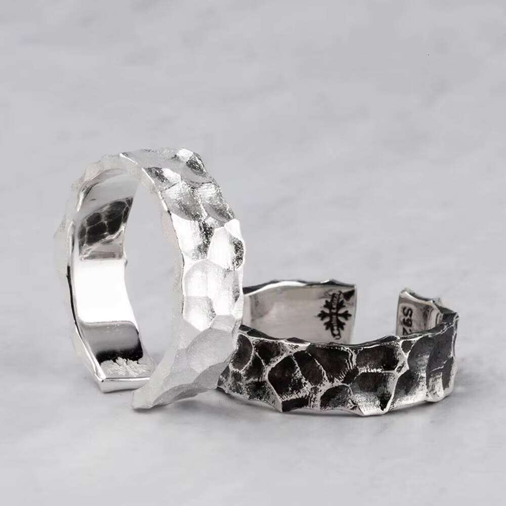 Real Sterling Sier Mens Rings Open Type Hammer Pattern Retro Punk Jewelry