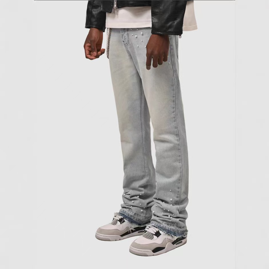 Mens jeans Straight-leg jeans European and American street fashion INS popular stretch diamond-embellished straight-leg jeans