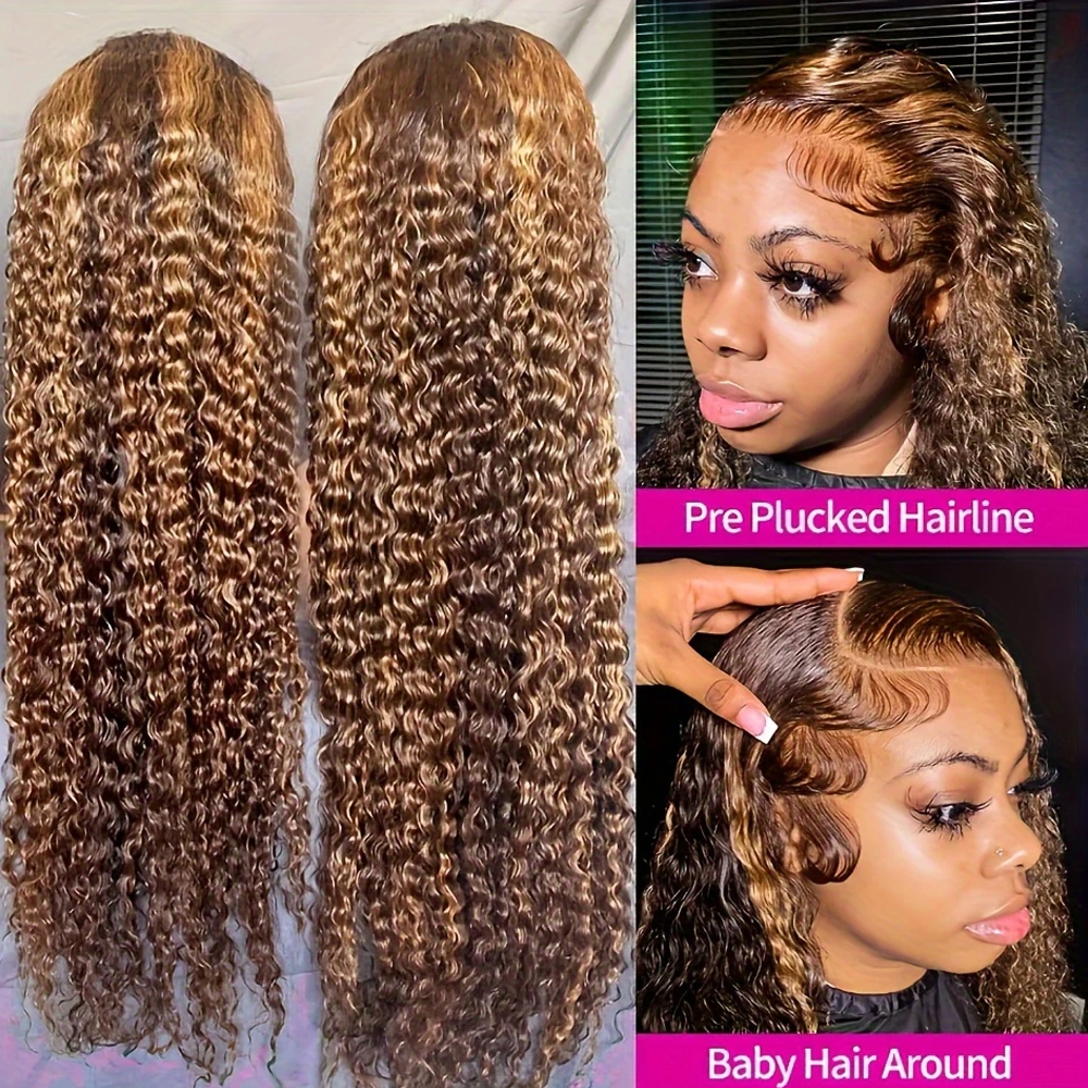 Invisible Strap 360 Full Lace Front Wig Honey Blonde Highlight Deep Curly 360 HD Frontal Wig Deep Wave Glueless Wig Human Hair