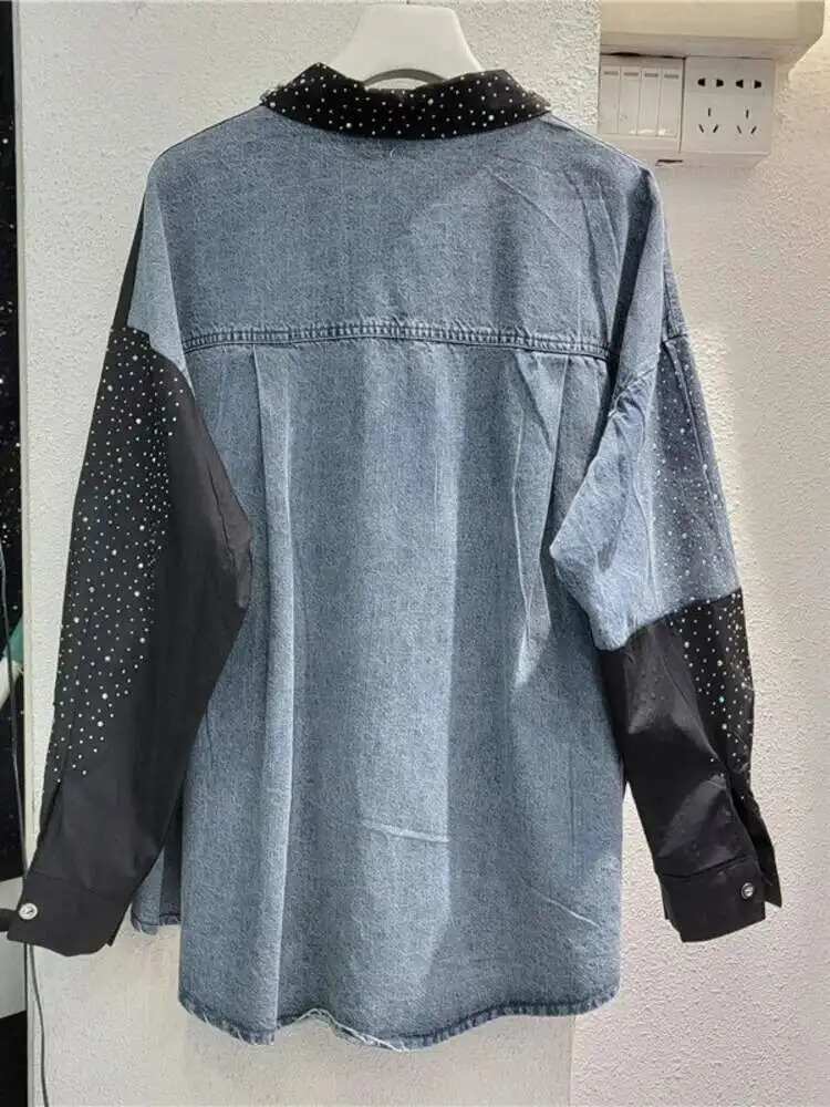 EWQ High Street Beading Diamond Patchwork Black Denim Shirt Y2K Fashion Loose Casual All Match Blouse 2025 Spring Autumn U7602 250523