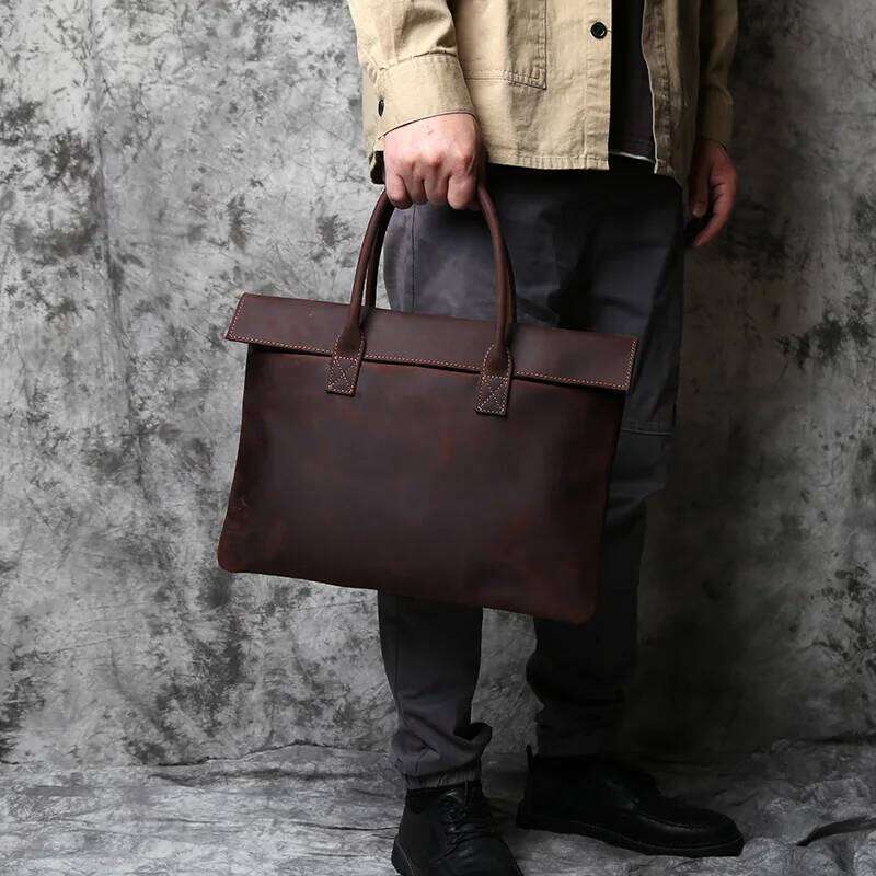 NZPJ Retro Men's Briefcase Leather Casual Handbagtop Layer Cowhide Business Tablet Bag Thin Clutch For 16-Inch Laptop