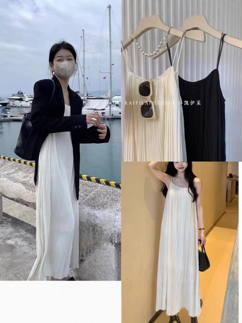 XR176 Pleated Loose Suspender Dress French Sweet Style Summer Plus Size Women's Clothing