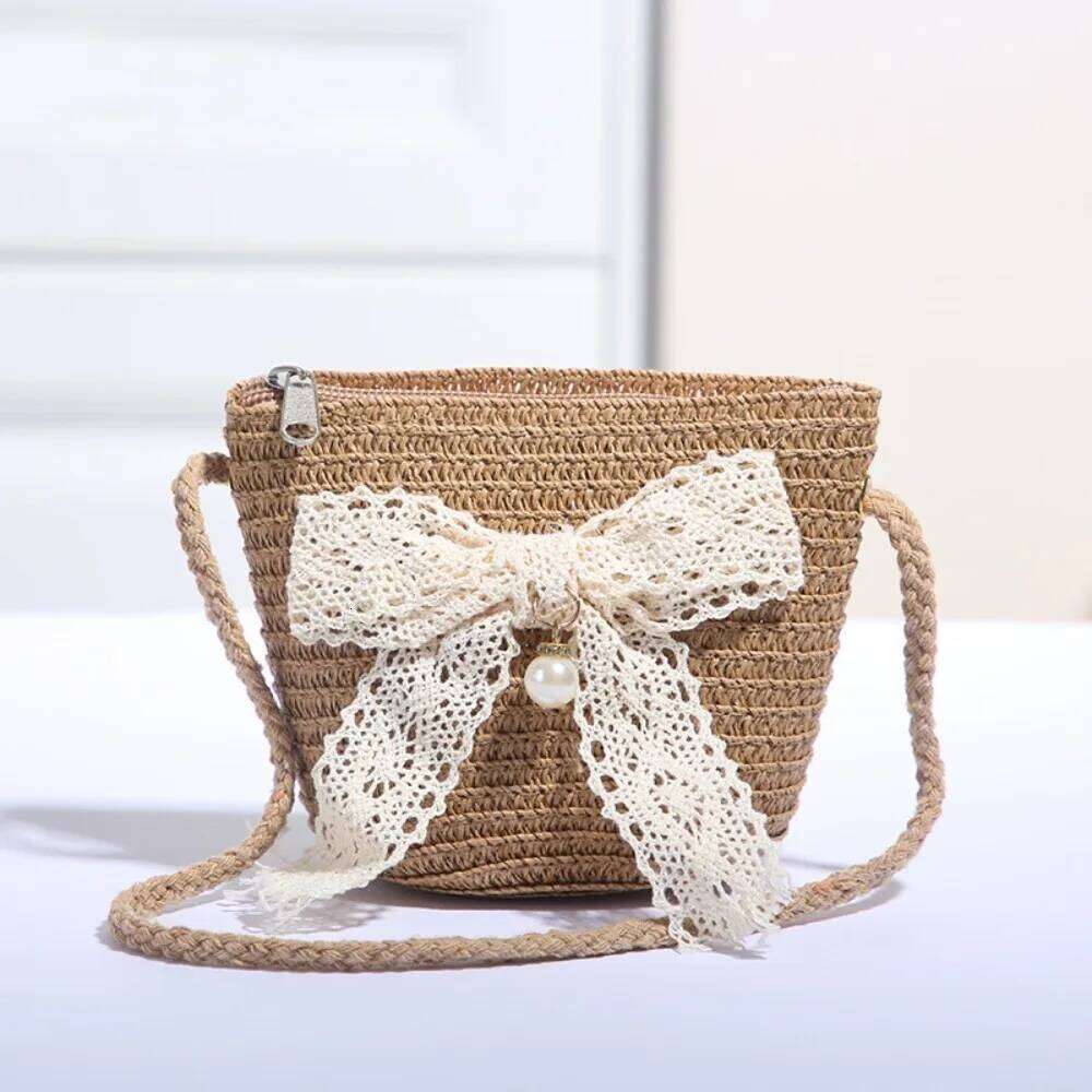 Sweet Kid's Straw Woven Bow Shoulder Outdoor Travel Messenger Beach Bag Mini Children's Coin Purse Handbag