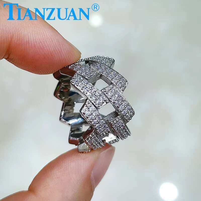 14mm Sterling 925 Silver Two Rows Solid Hip Hop Moissanite Ring Men Women Round Brilliant Diamonds Engagement Male Jewelry