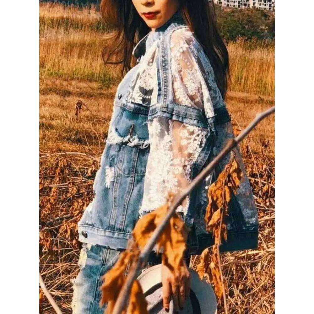 XFPV Women Sweet 3D Flower Embroidered Lace Spliced Loose Short Denim Sunscreen Coat Y2k Korean Fashion Tide Summer 2025 Sm11222
