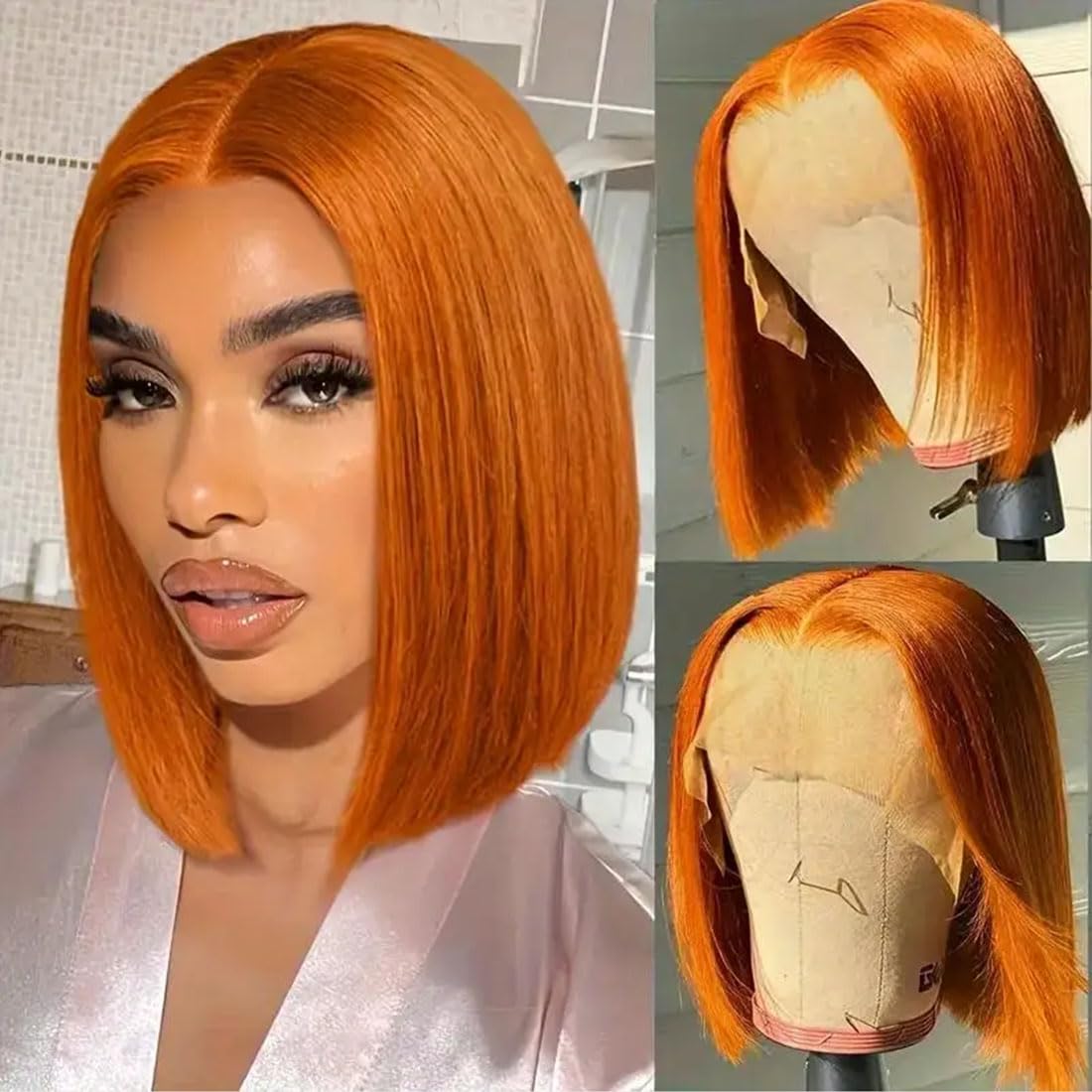Baby Hair Straight Bob Orange Simulation human Hair Pixie Cut Peruvian Lace Frontal Wig For Women 13x4 HD Glueless Transparent Lace Front Synthetic Wi