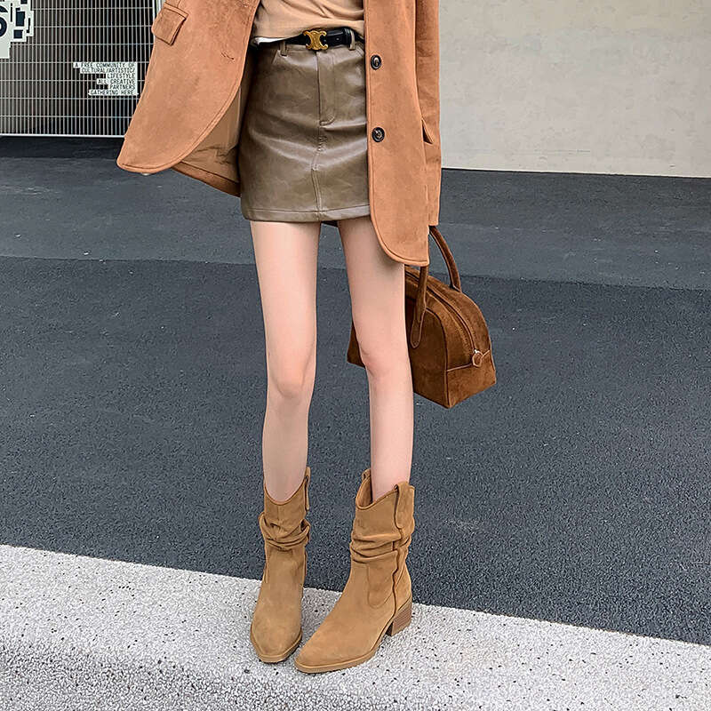 Genuine Leather ~ Sun Qianlu Silk Same Style Melard Short Slouch Women Autumn Winter Diary Western V-Cut Riding Boots