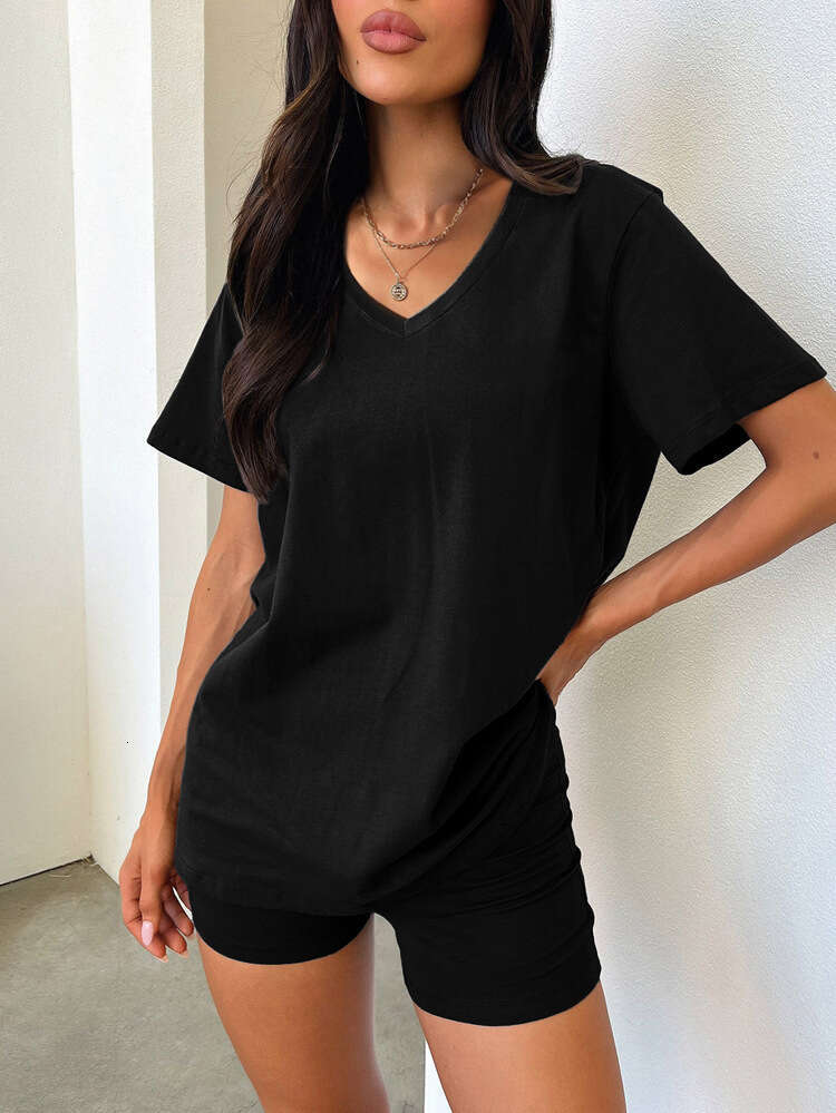 2025 Summer Solid Color Short Sleeve Set Women's Fashion V-neck Casual Style Hot Sale Simple Design