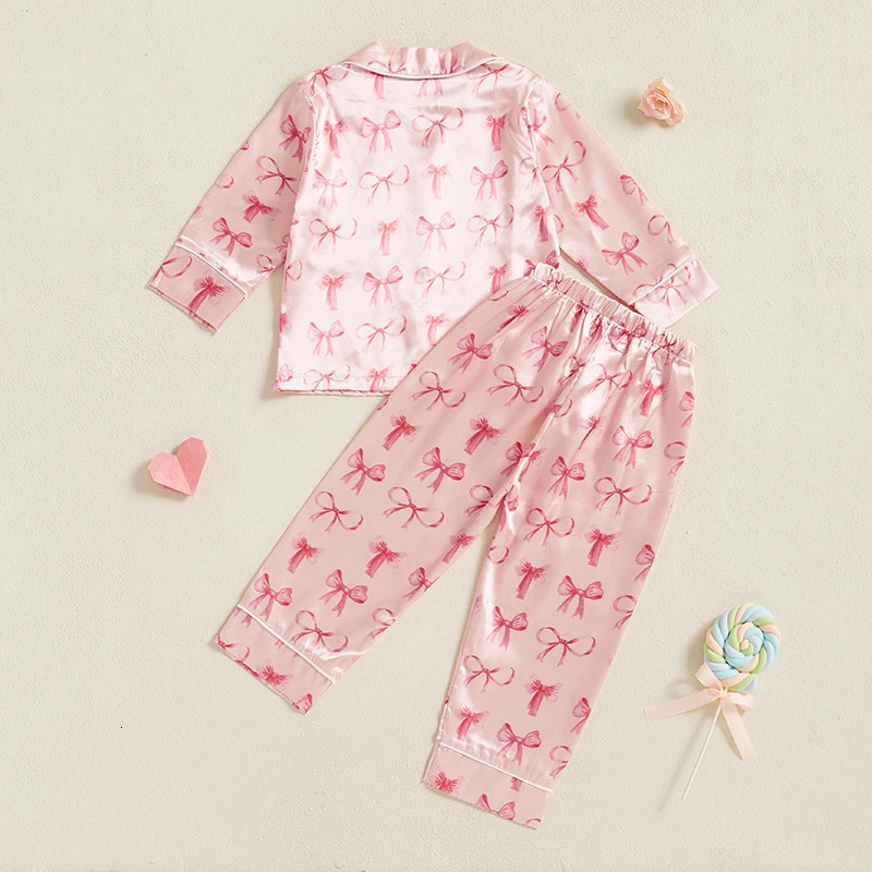 Adorable Baby Girl Silk Pajama Set with Cute Bow Print Stylish Long Sleeve Lapel Button Down Shirt and Matching Pants for Cozy 250527