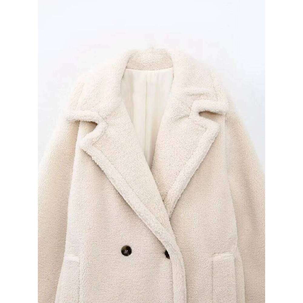 EAM Beige Big Size Thick Lamb Wool Jacket Loose Fit New Lapel Long Sleeve Women Coat Fashion Tide Spring Autumn 2025 30A2929