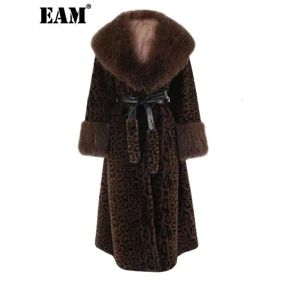 EAM Brown Leoppard Print Big Size Faux Fur Jacket New Lapel Long Sleeve Women Coat Fashion Autumn Spring 2025 CPG2454