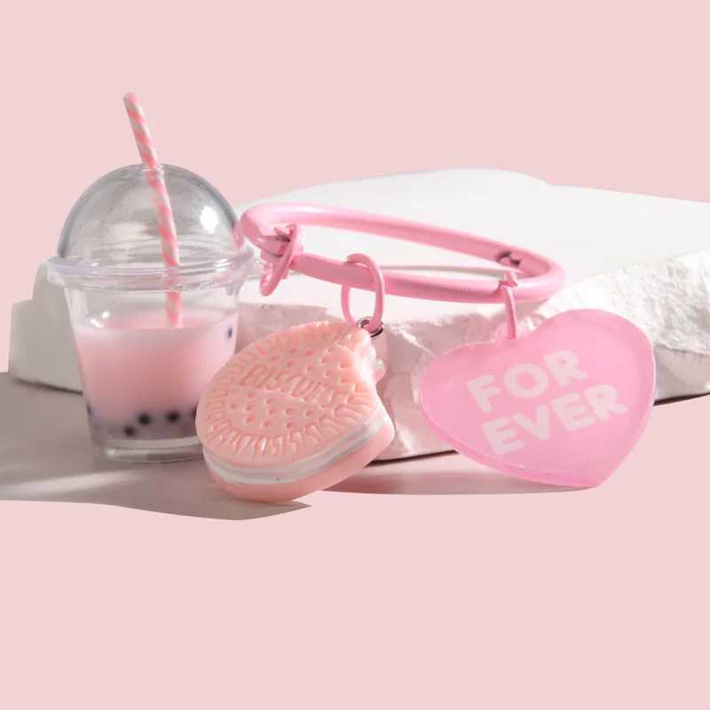 Cute Keychains Ice-cream Bubble Tea Biscuit Pink Key Rings Friendship For Best Friend Women Girl Handbag Gift Jewelry W250526