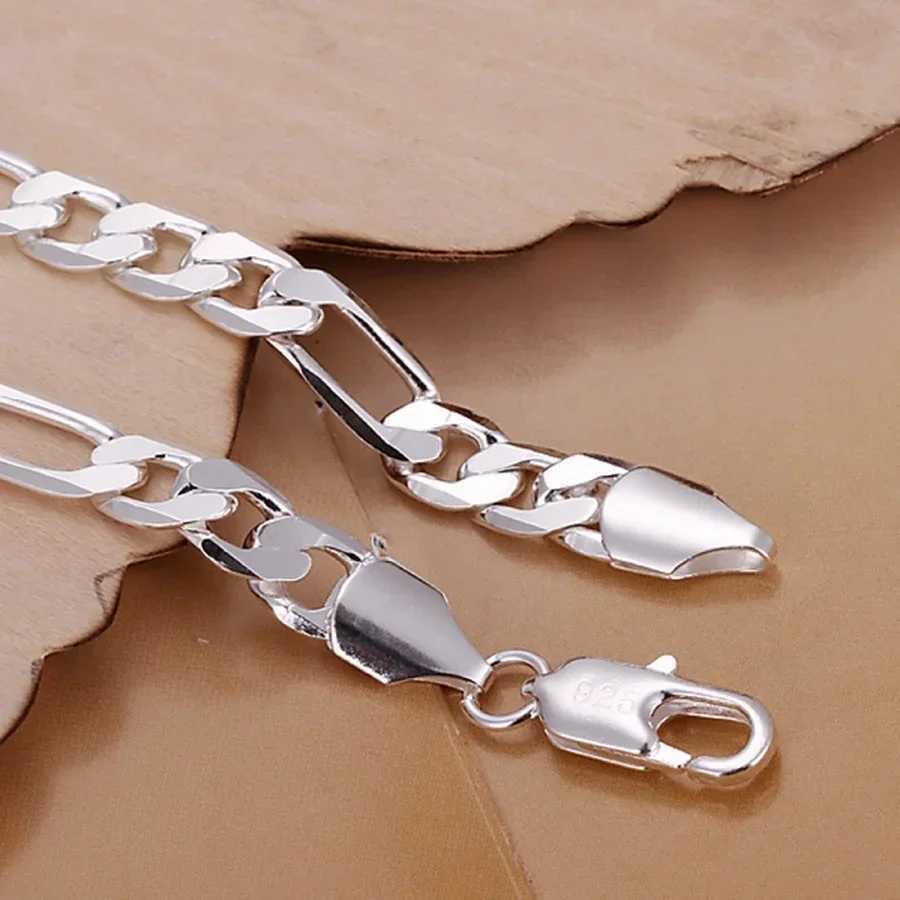 Fine 925 Sterling silver bracelets 6-8mm Women Men chain wedding fashion top quality Silver Jewelry Figaro 20cm W250526