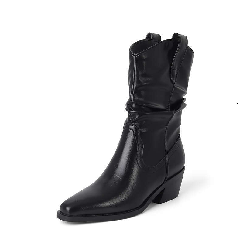 Genuine Leather ~ Sun Qianlu Silk Same Style Melard Short Slouch Women Autumn Winter Diary Western V-Cut Riding Boots