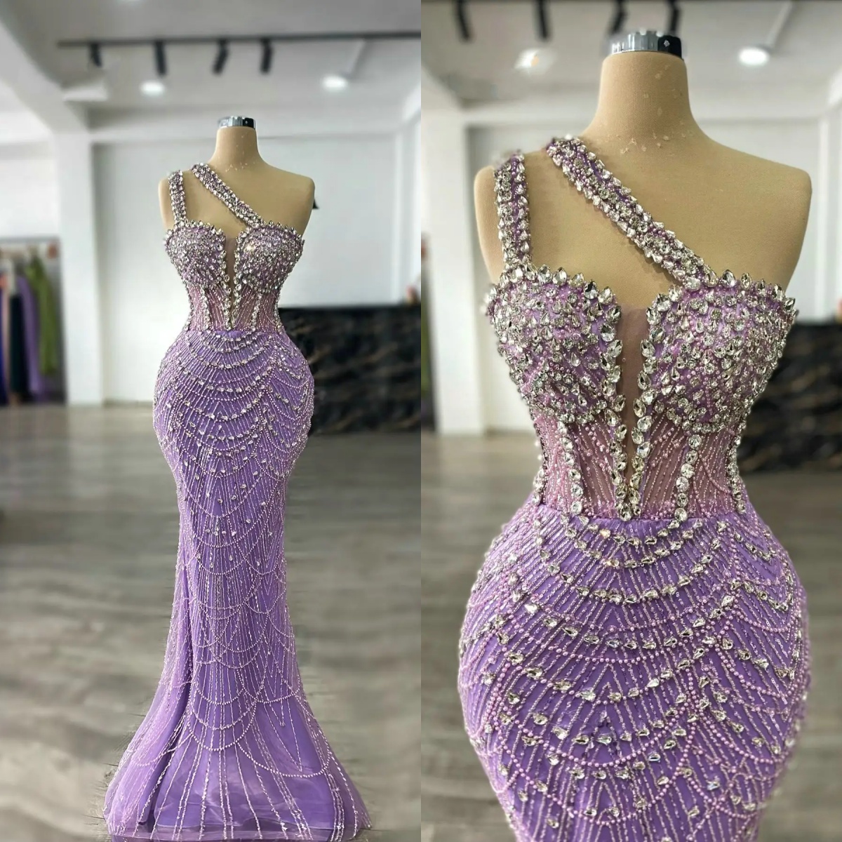 Sparkly Evening Dresses For Women One Shoulder Sleeveless Wrap Gown Crystal Sequins Sweep Train Dress Party Customized Dress