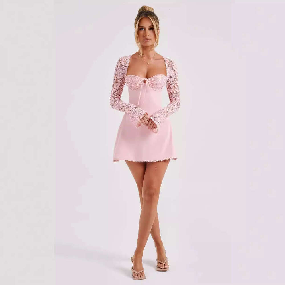 2025 Autumn Winter New Sexy Lace Long Sleeve Dress Backless Tie