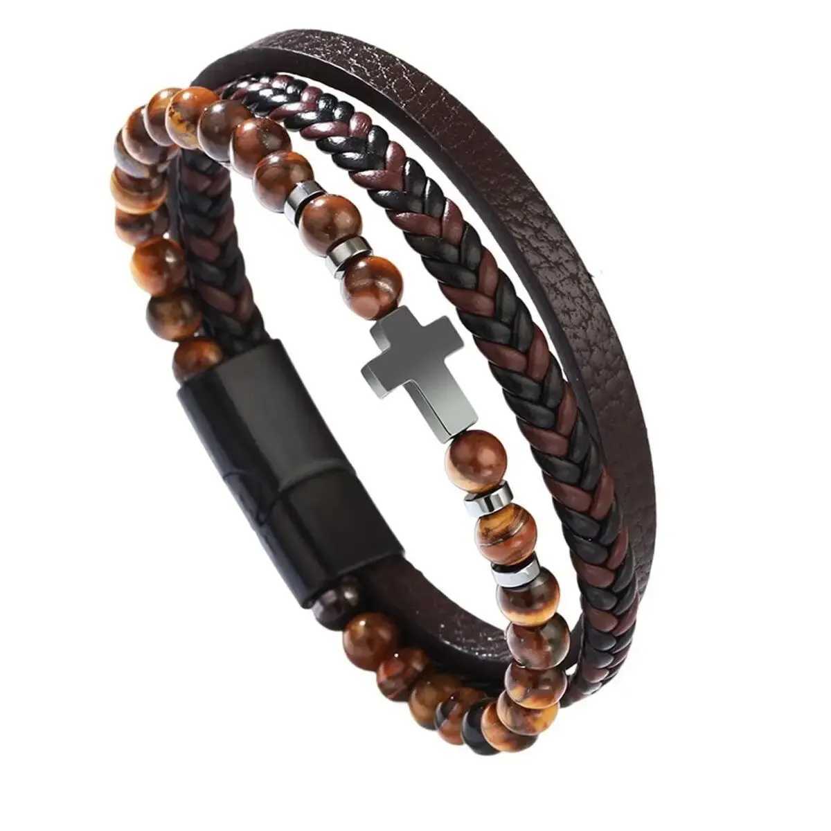 Cross Bracelet Men Multi-Strand Woven Bangle Cuff Wristband Or Birthday Gift for Him W250526