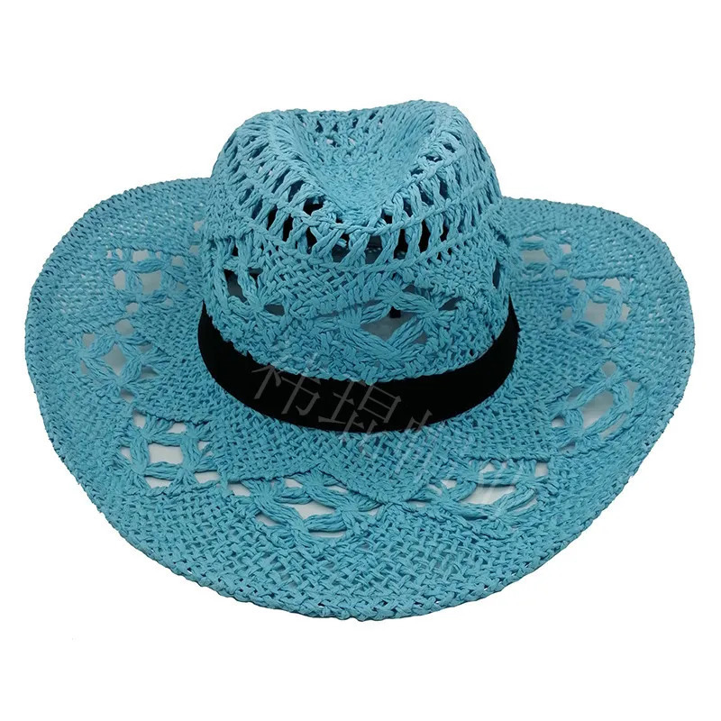 Western Crochet Cowboy Straw Hats for Women Men Solid Color Wide Brim Beach Sun Hat Handmade Hollow Out Cowgirl Cap 250526