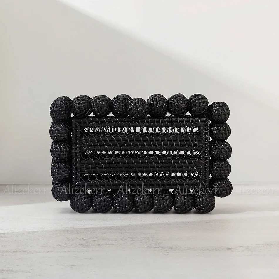 Alizekerr Beaded Hollow Out Rattan Bags Women Boutique Hand Woven Square Beach Wicker Clutch Purses And Handbags Summer Holiday W250527
