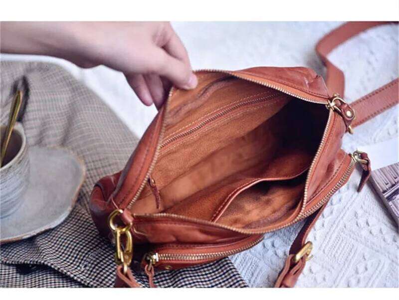 Vintage Natural Genuine Leather Women's Multi-Pocket Crossbody Casual Outdoor Real Cowhide Female Shoulder Bag