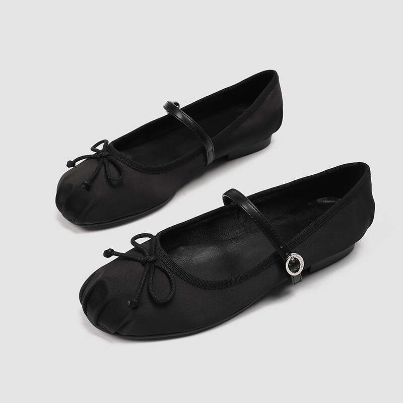 French Mary Jane for Women with Bowknot Fairy Style Slip-On Flat Ballet Genuine Leather Silver Single Shoes