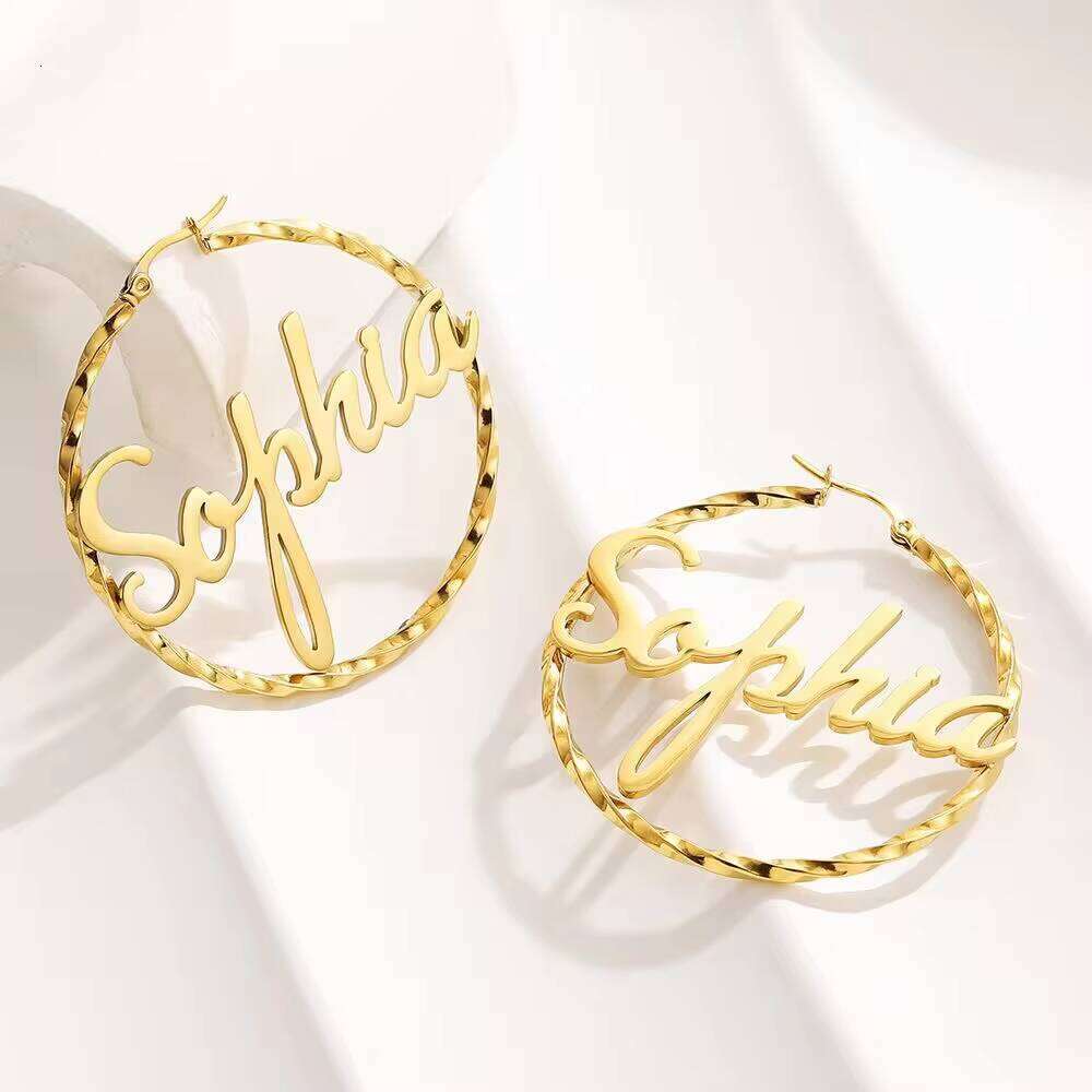 25mm Gold Plated Hoop Earring Women Personalized Custom Stainless Steel Name Fashion Earrings for Family Gift Wholesale