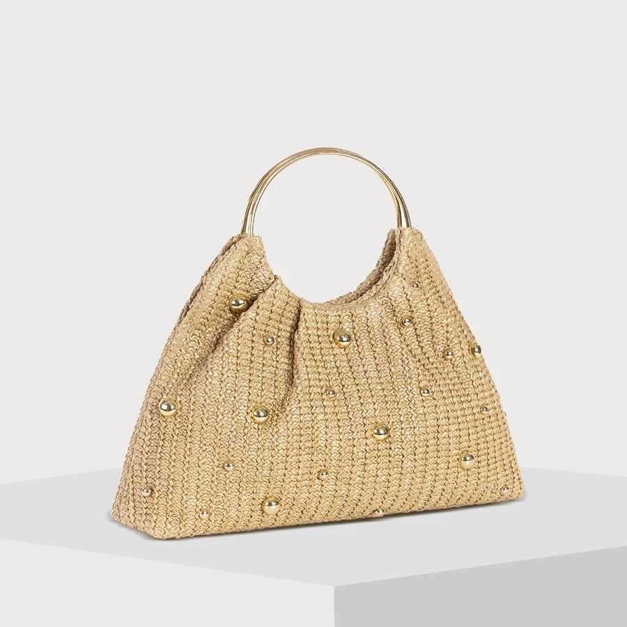 Summer Hand-woven Straw Bag Women Hollowed-Out Metal Round Handle Clutch Purse Bead Decoration Cloud Handbag Travel Beach Totes W250527