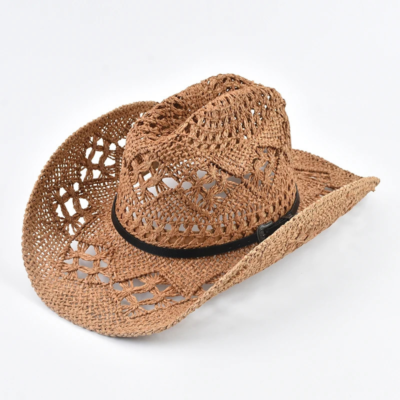 Vintage Western Style Straw Hat for Men Women Summer Hollowing Out Travel Beach Sun Hat Gentleman Lady Cowgirl Jazz Hat 250526