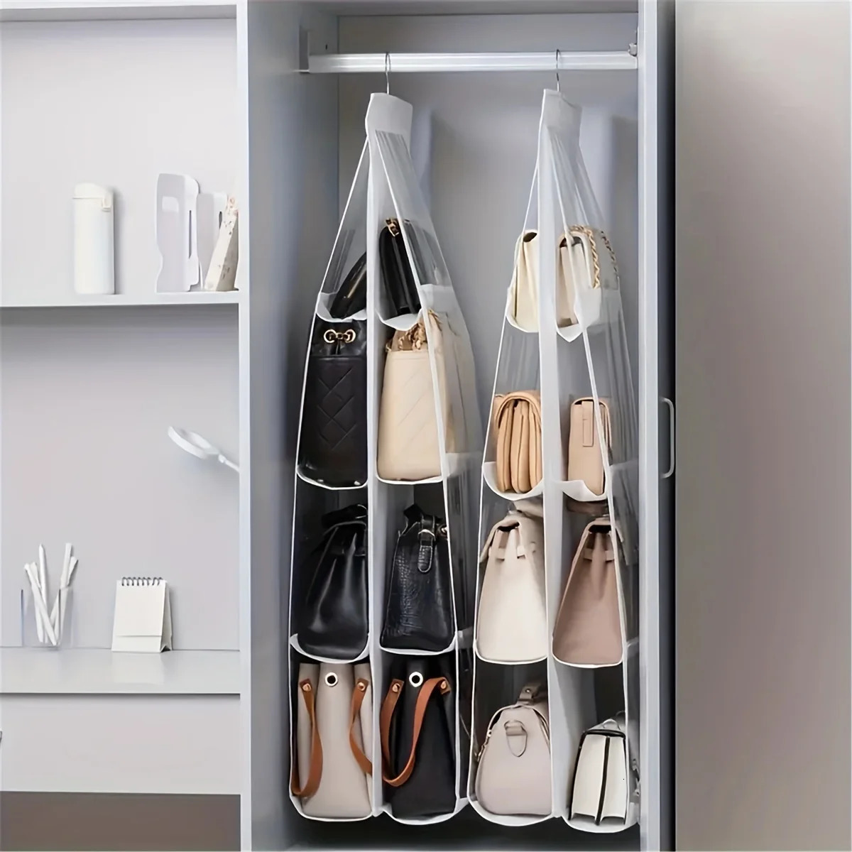 1pc 6/8 Grids Space Saving Bag Organizers Multi Layer Hanging Handbag Purse Organizer For Wardrobe Closet Bag Storage Holder 250526
