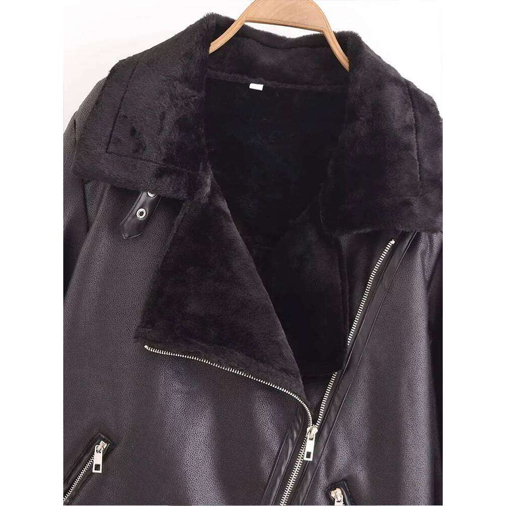 2024 Winter New Fashion Style Women's Zipper Plush Double-Sided Motorcycle Jacket Short Coat