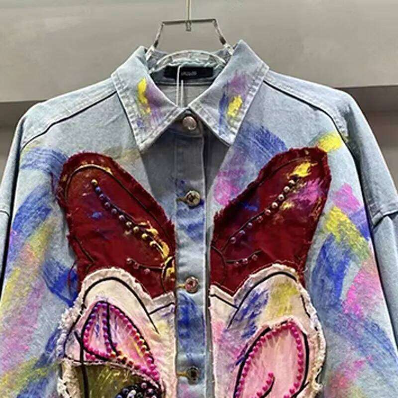 Trendy Jacket 2025 Spring And Autumn New Cartoon Sticker Hand-Painted Design Loose Women's Clothing Denim Shirt