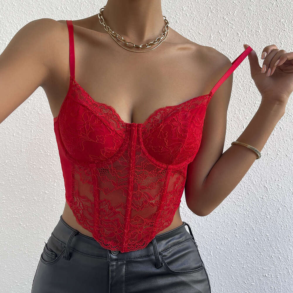 Sexy Lace Underwire Diamond Fishbone Crop Top See-through Hot Girl Slim Fit Vest for Women 10714