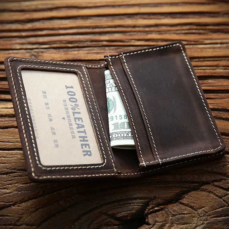 100% Genuine Leather Holder For Men Male Vintage Crazy Horse Handmade Short Business ID Case Small Slim Wallet Purse Z250527