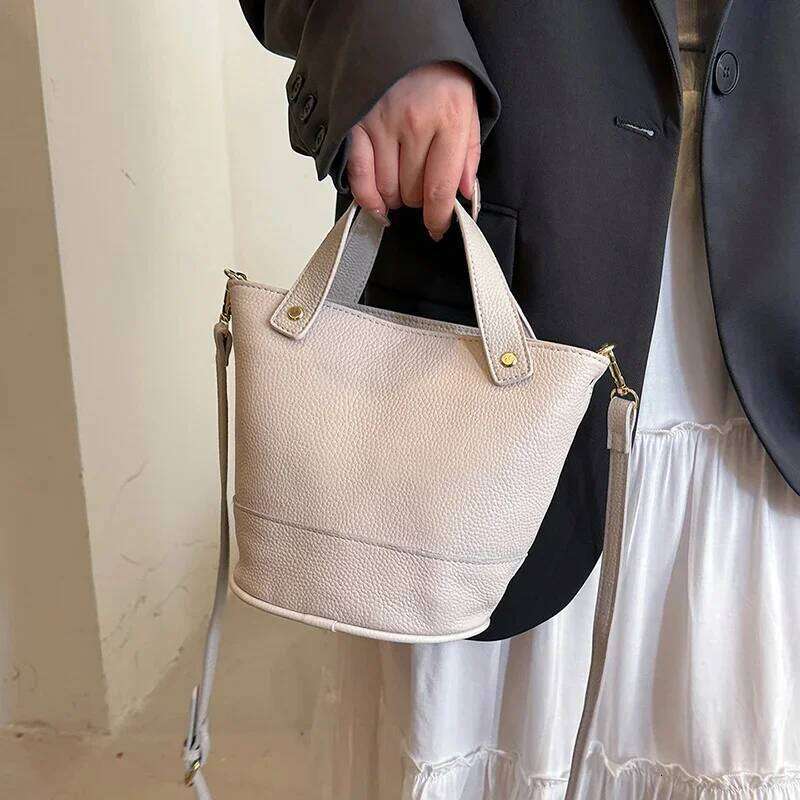 100% Genuine Leather Real Cowhide Fashion Women Crossbody Bucket Bags For Ladies New High Capacity Female Shoulder Handbag