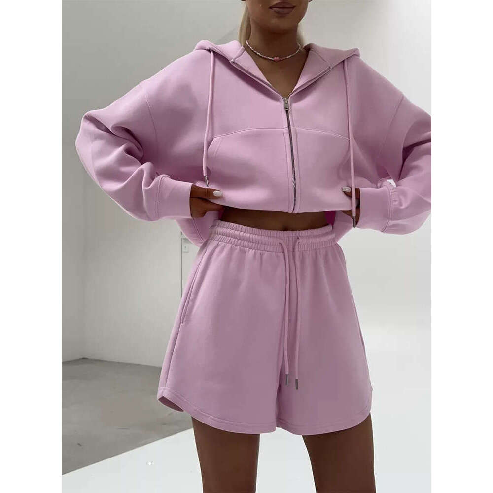 Fashion Women's Hoodie with Large Pocket Sweatshirt and Shorts Two-Piece Casual Set for Women