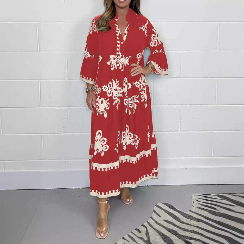 2025 Women's New Elegant Printed Stand Collar Waist-Cinching Dress
