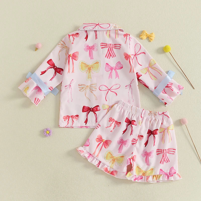 Pudcoco Kid Girl Summer Pajamas Set Bow Print Long Sleeve Button Down Tops with Ruffled Shorts Sleepwear 18T 250527