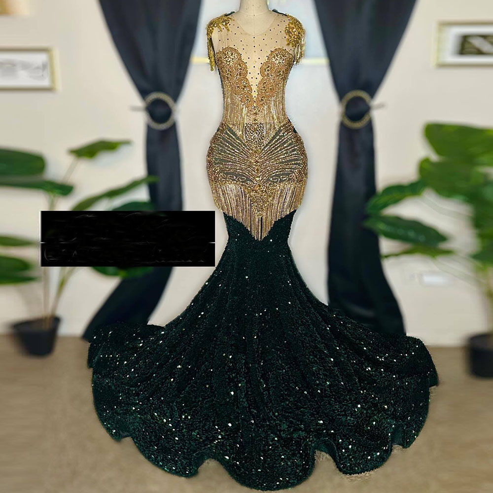 Stunning Dark Green Prom Dresses 2025 Luxury Crystal Diamond Mermaid Party Gowns Black Girl Sequined Evening Dress Customized
