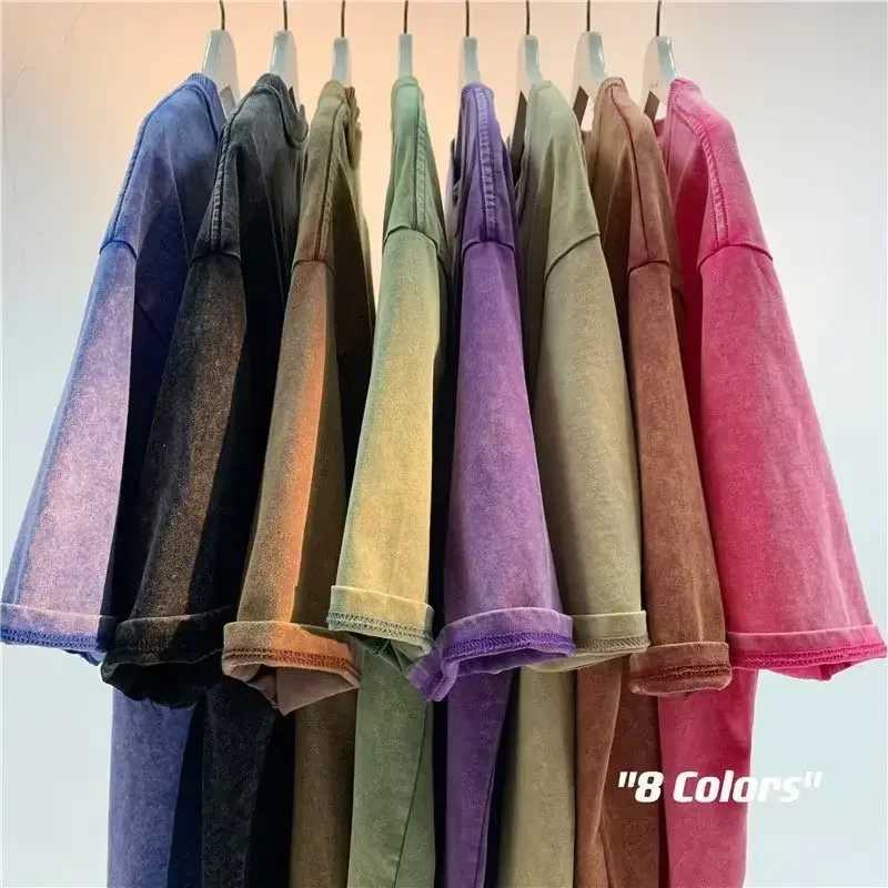American Style Retro Heavyweight Solid Color Short Sleeve T-shirt Men Women Summer Street Trendy Washed Old Oversized Clothes Z250527