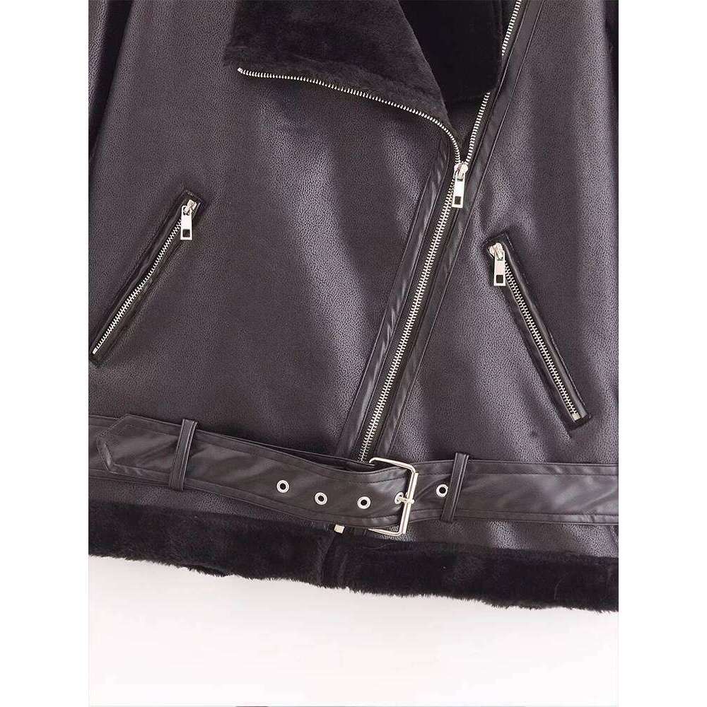 2024 Winter New Fashion Style Women's Zipper Plush Double-Sided Motorcycle Jacket Short Coat