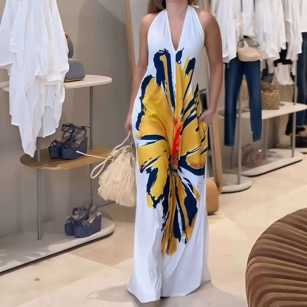 2025 Halter Neck Tie Sunflower Print Maxi Dress
