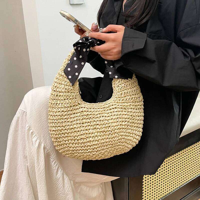 Women's Bags Designer Bird's Nest Beach Simple Bow Handle Straw Handbag Seaside Vacation Woven Versatile Hand-Held Shoulder Bucket Bag