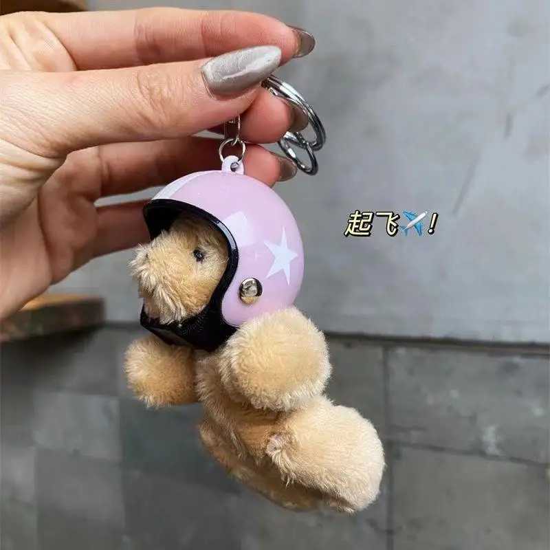 Trendy Cute Motorcycle Helmet Bear Doll Couple Keychain Pendant Plush Bear Toy Car Keyring Backpack Decoration Bag Charm Jewelry W250526