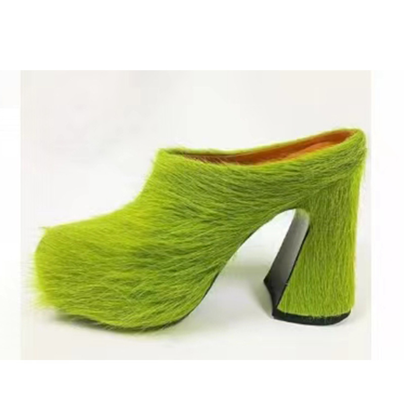 Rose Red Round Toe Horse Hair Hoof Heel Slippers Thick Bottom High Heel Platform Trendy Women's Shoes Spring Mules Large Size