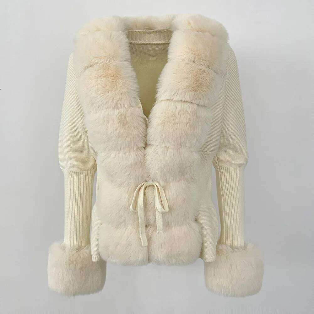 Patchwork Knit Sweater Bandage Cardigan Detachable Collar Jacket Autumn-winter Women's Faux Fur Coat
